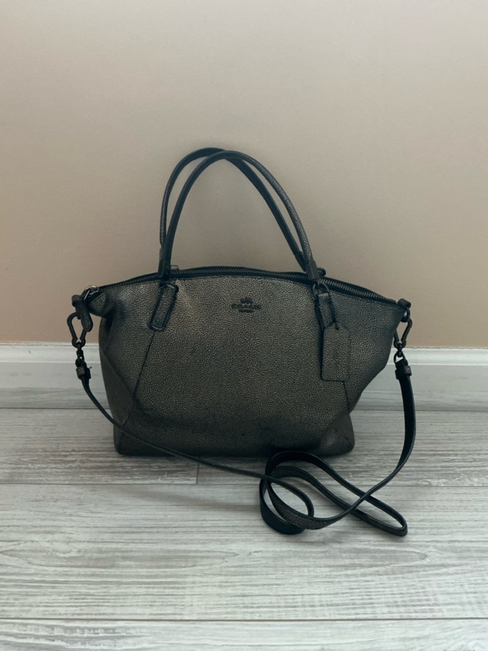 Coach Metallic Gunmetal Pebbled Leather Satchel with Strap - Picture 1 of 10